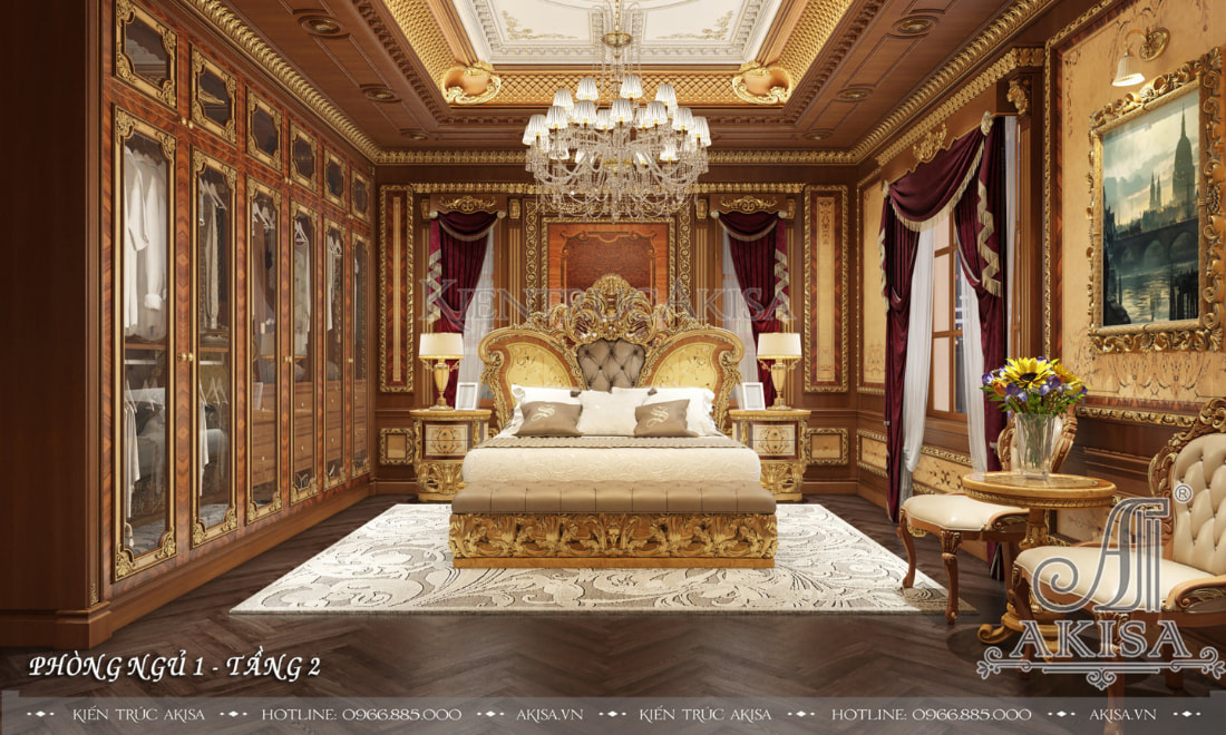 Phòng ngủ phong cách cổ điển với gam màu nâu vàng sang trọng đậm chất quý tộc. 