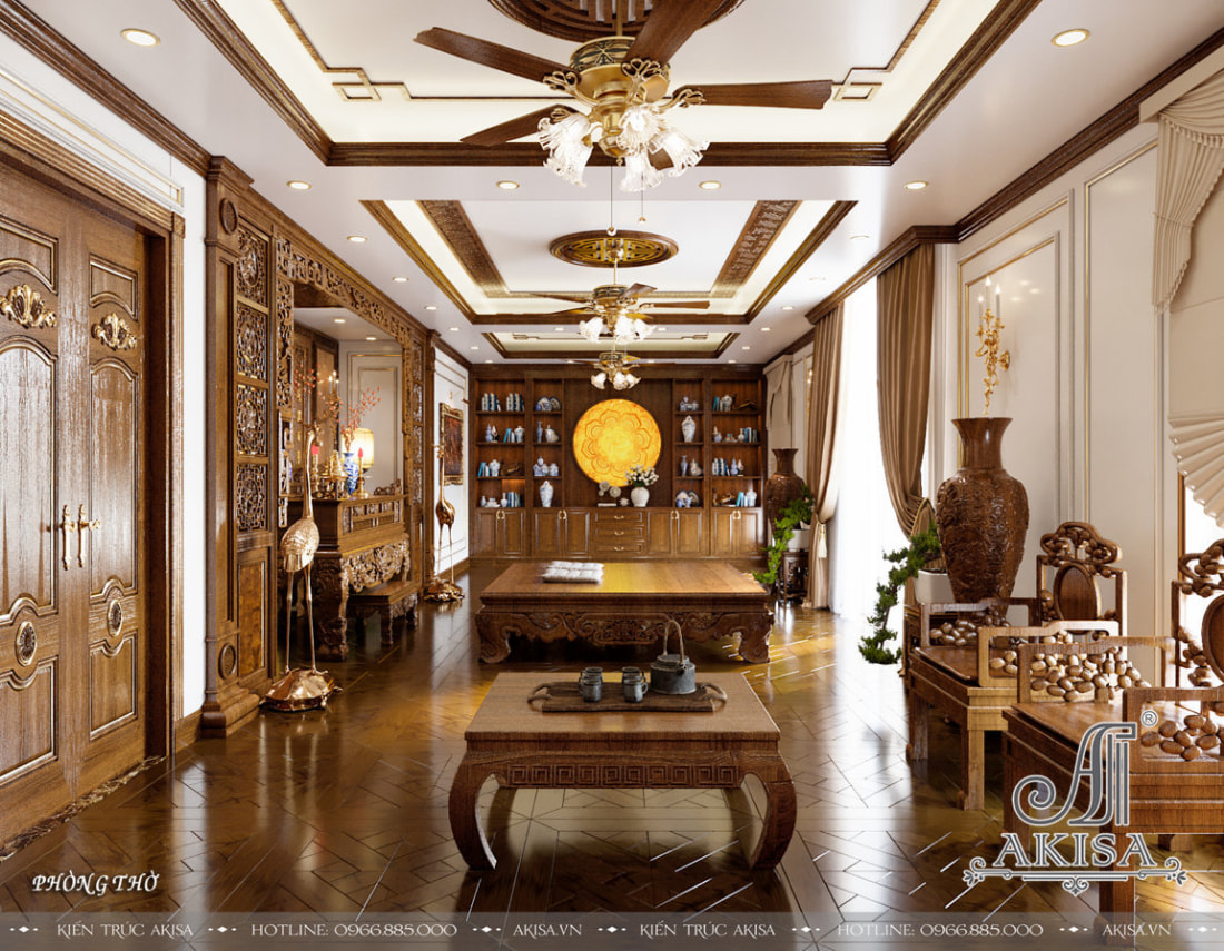 Toàn bộ đồ nội thất bằng chất liệu gỗ tự nhiên cao cấp được chạm khắc tinh xảo