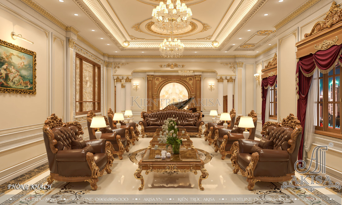 Bộ sofa cao cấp màu nâu đậm sang trọng, quý phái tạo điểm nhấn nổi bật cho không gian phòng khách tân cổ điển. 