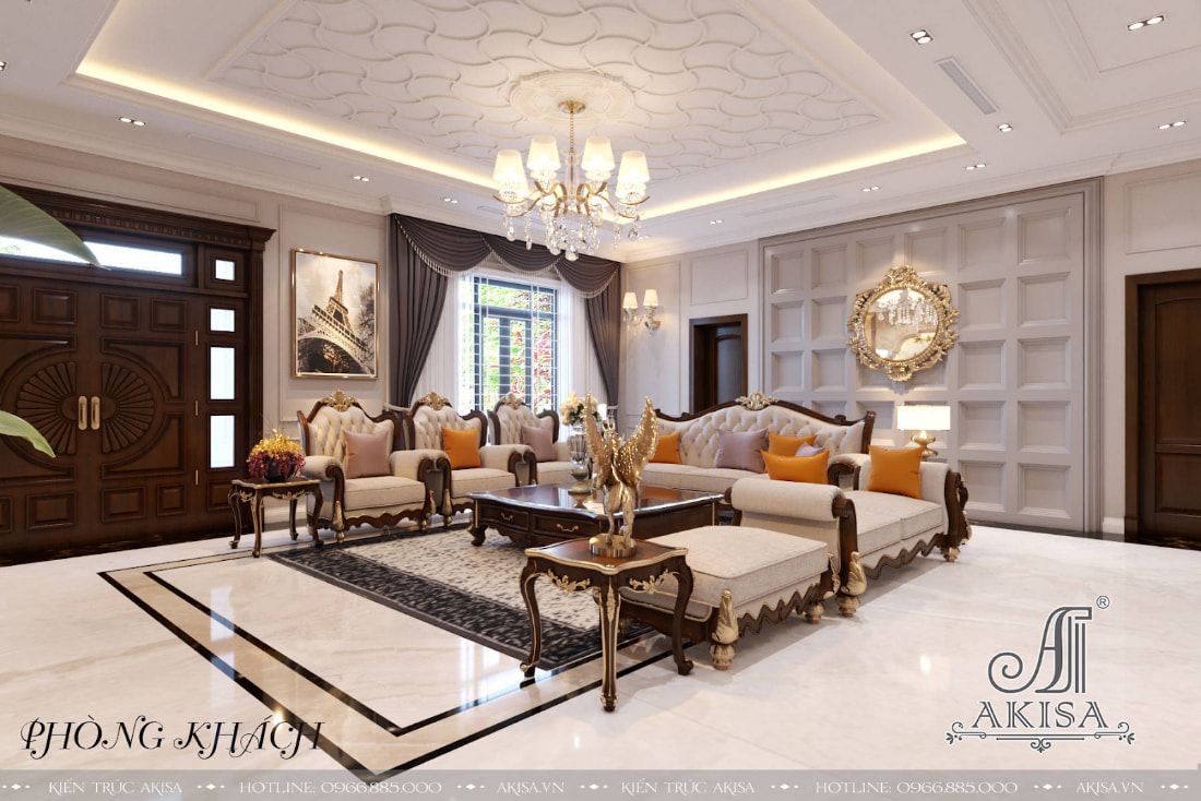 Các hoa văn, họa tiết và đồ trang trí tinh xảo màu vàng kim góp phần tôn lên vẻ sang trọng quý phái cho không gian phòng khách. 