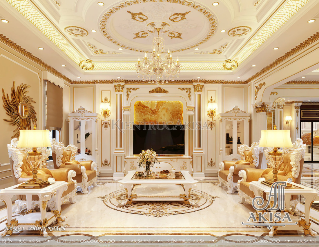 Gam màu trắng và vàng cấp phối hợp tinh tế khiến không gian phòng khách thêm phần sang trọng đậm chất hoàng gia