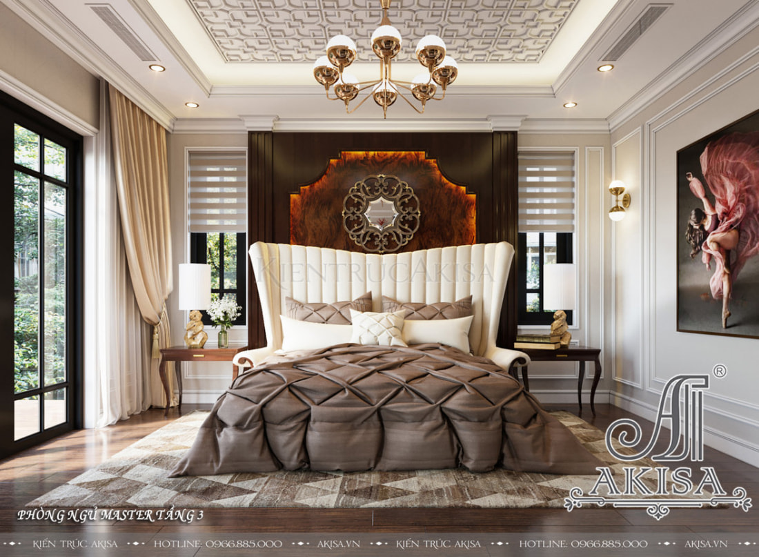 Những gam màu đối lập được sử dụng tinh tế để tạo nên vẻ đẹp quý phái và ấn tượng cho phòng ngủ phong cách tân cổ điển luxury. 