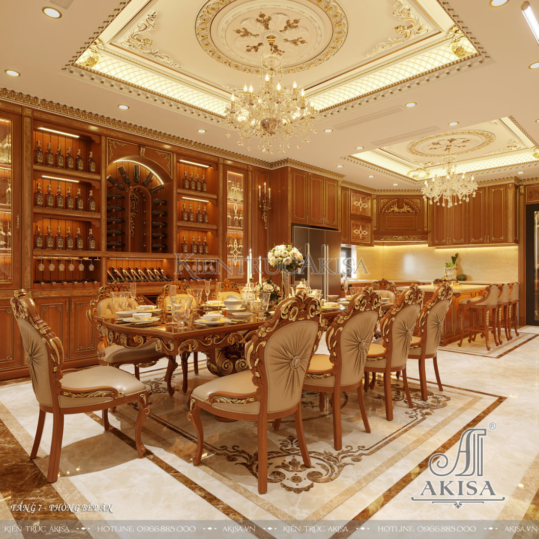 Phòng bếp ăn phong cách tân cổ điển được thiết kế sang trọng, tinh tế đến từng chi tiết. 
