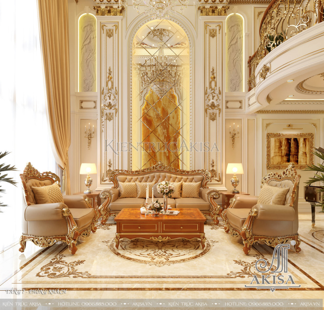Phòng khách tân cổ điển nổi bật với gam màu vàng sang trọng đậm chất hoàng gia quý phái. 