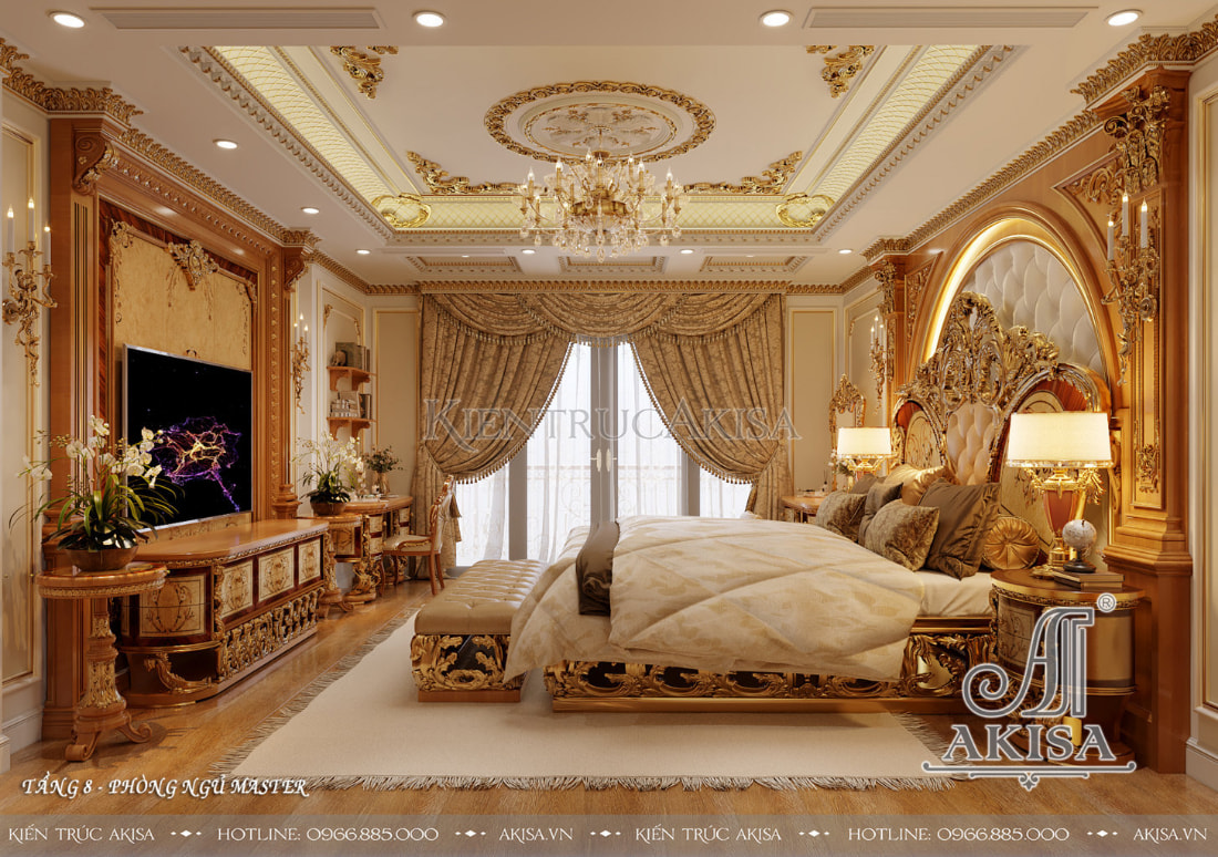 Phòng ngủ master tân cổ điển được thiết kế sang trọng, tinh xảo mang đậm phong cách hoàng gia quyền quý. 