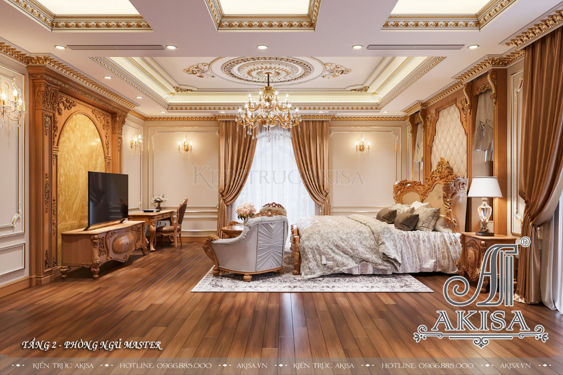 Phòng ngủ master với tông màu nâu vàng cùng đồ nội thất cao cấp mang đến không gian sống sang trọng, tiện nghi