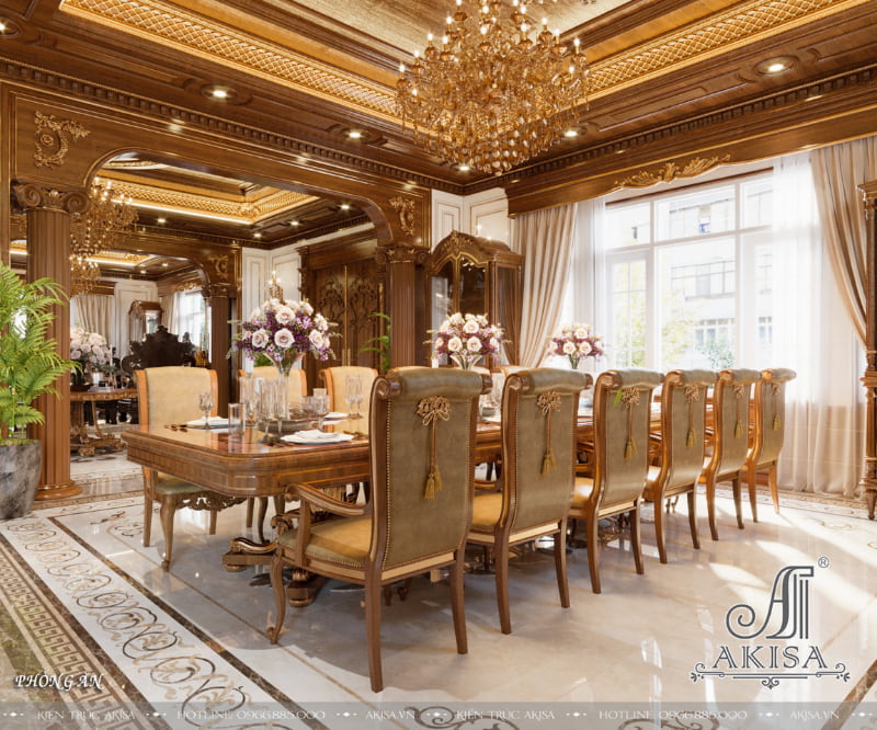 Phòng ăn tân cổ điển sử dụng tối ưu chất liệu gỗ tự nhiên cao cấp được chạm khắc tỉ mỉ trên các thức cột, trần nhà và các đồ dùng nội thất góp phần gia tăng dáng vẻ sang trọng, lịch lãm, ấm cúng