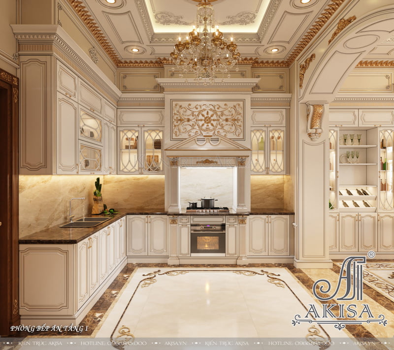 Không gian phòng bếp tân cổ điển mang nét đẹp cổ kính uy quyền toát lên từ từng chi tiết, thể hiện đẳng cấp và vị thế của gia chủ