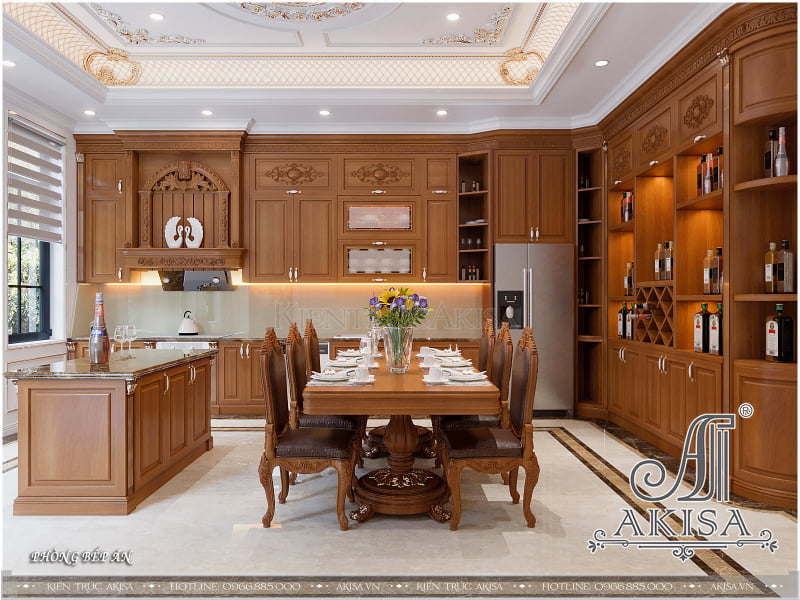 Không gian của phòng bếp sử dụng gam màu trầm ấm làm chủ đạo, tạo nên một bầu không khí vô cùng dễ chịu và thư giãn
