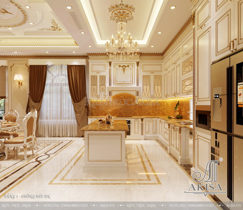 Không gian phòng bếp toát lên dáng vẻ sang trọng, quý phái, khẳng định vị thế thượng lưu của chủ nhân nhờ những chi tiết trang trí mạ vàng, đồ nội thất cao cấp được sắp đặt hoàn hảo.