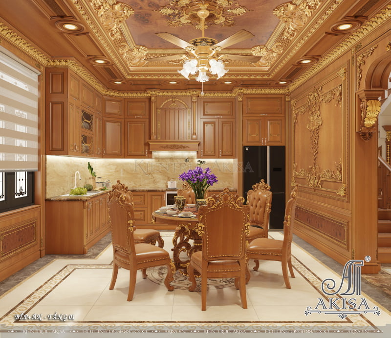Không gian nội thất phòng bếp của gia đình bà Nga không bị gò bó bởi bất kỳ khuôn khổ nào, mà toát lên vẻ đẹp sang trọng và đẳng cấp