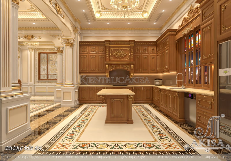 Nội thất phòng bếp tân cổ điển ấn tượng với thiết kế hệ tủ bếp 2 tầng chữ L được làm bằng chất liệu gỗ tự nhiên cao cấp