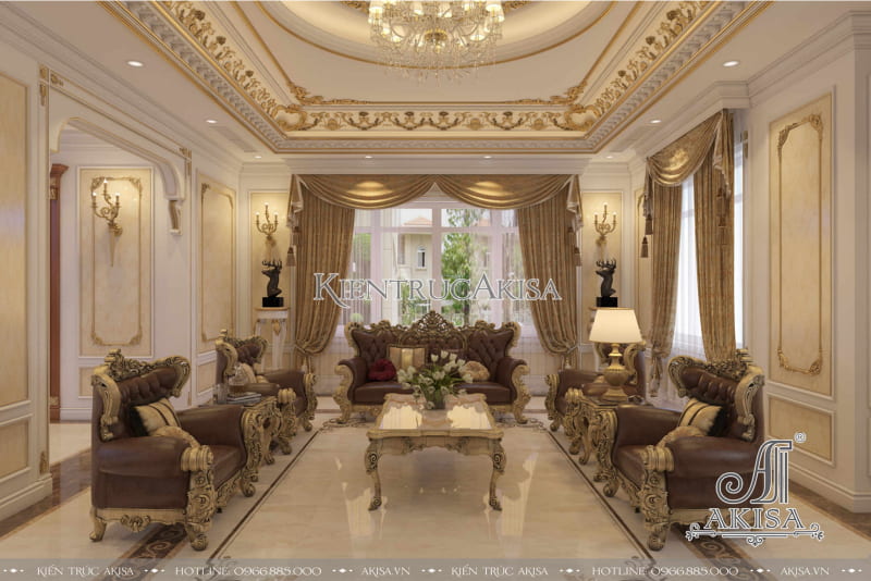 Mẫu phòng khách cổ điển châu âu với gam màu trắng vàng sang trọng