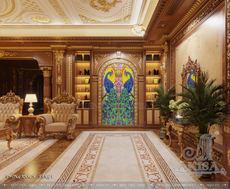 Phòng khách cổ điển châu Âu gây ấn tượng với những họa tiết mạ vàng tinh xảo đắt giá