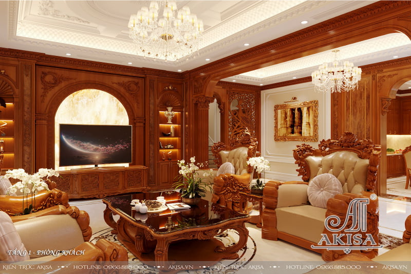 Nội thất gỗ tự nhiên mang đến vẻ đẹp đẳng cấp cho phòng khách biệt thự