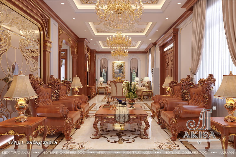 Phòng khách phong cách tân cổ điển được thiết kế đăng đối, cân xứng, tạo sự thông thoáng và hài hòa