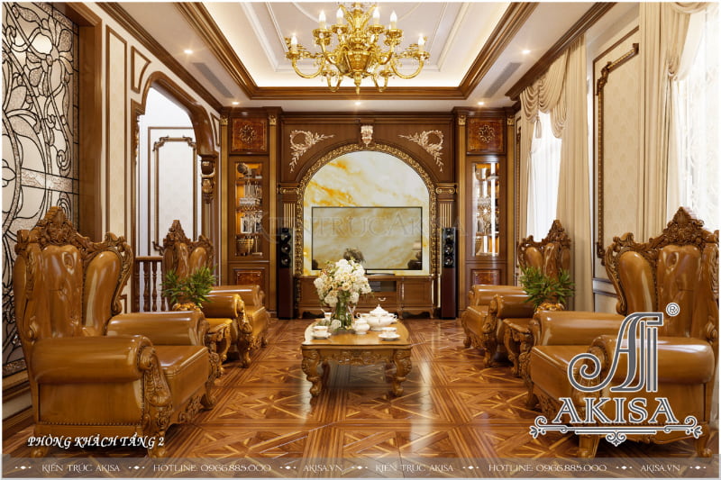 Thiết kế phòng khách tân cổ điển gỗ Gõ đỏ tại Ninh Bình