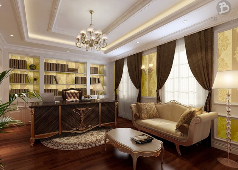 Ấn tượng với mẫu thiết kế nội thất tân cổ điển đẹp cho không gian làm việc lịch lãm với gam màu trắng, vàng phối cùng nâu gỗ sang trọng...