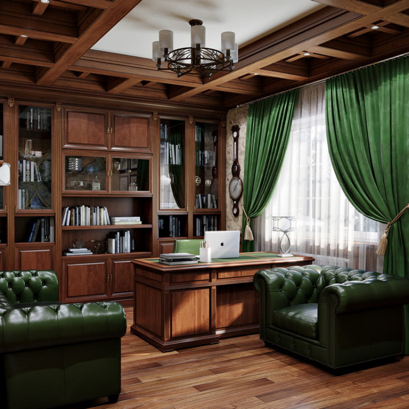 Sự phối hợp độc đáo giữa gam màu nâu gỗ cùng màu xanh lá và hệ cửa sổ thoáng rộng giúp không gian phòng làm việc trở nên sáng rõ, sinh động và thu hút hơn.
