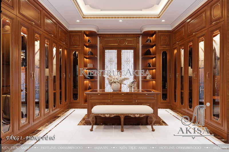 Vẻ đẹp sang trọng, tinh tế của phòng thay đồ nội thất gỗ tự nhiên phong cách tân cổ điển