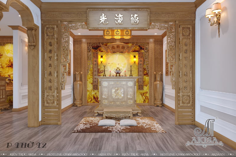 Phòng thờ cổ điển sử dụng đồ nội thất cao cấp với gam màu vàng và nâu gỗ tự nhiên mang đến cảm giác sang trọng, ấm cúng và linh thiêng. 