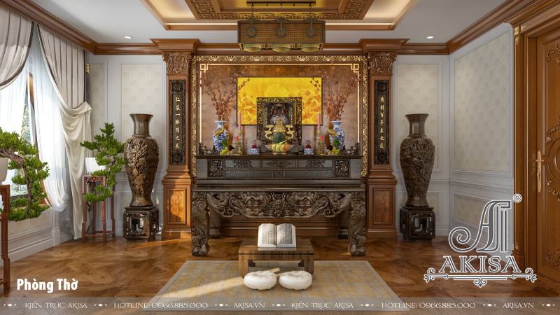 Phòng thờ gỗ tràn ngập hơi thở Á Đông với kiểu dáng truyền thống của người Việt xưa. Vẻ đẹp hoài cổ kết hợp thêm màu nâu gỗ tự nhiên tạo cho không gian nội thất một vẻ đẹp vô cùng độc đáo, đậm chất dân tộc.