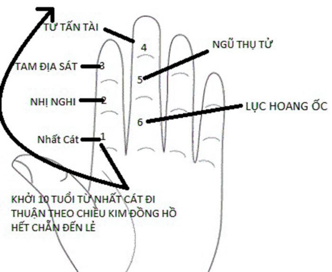 Cách tính Hoang Ốc dựa vào bàn tay theo chiều kim đồng hồ