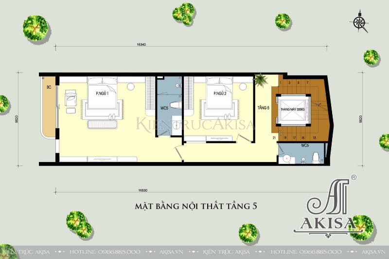 Tầng 5 bố trí 2 phòng ngủ rộng rãi với 2 WC riêng đảm bảo sự thoải mái và tiện nghi