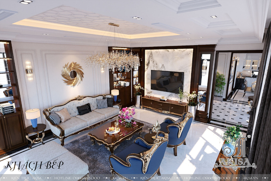 Bộ ghế sofa sang trọng với gam màu xanh lam đối lập tạo nên vẻ đẹp sang trọng, trẻ trung và thời thượng cho phòng khách phong cách Art Deco