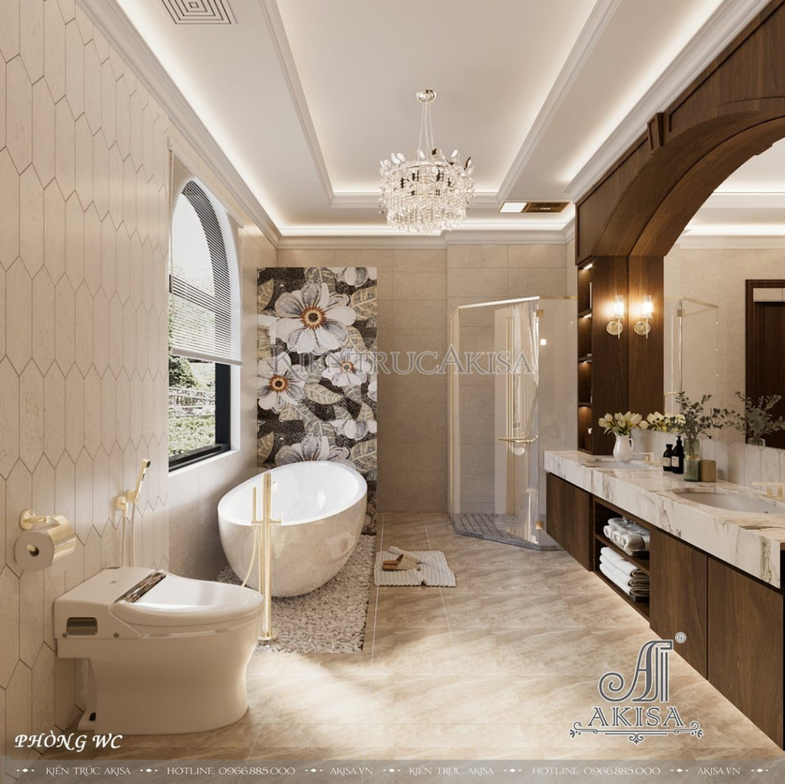 Bồn tắm lớn kết hợp với không gian nội thất tân cổ điển châu âu sang trọng giúp gia chủ tận hưởng những giờ phút thư giãn tuyệt vời.  