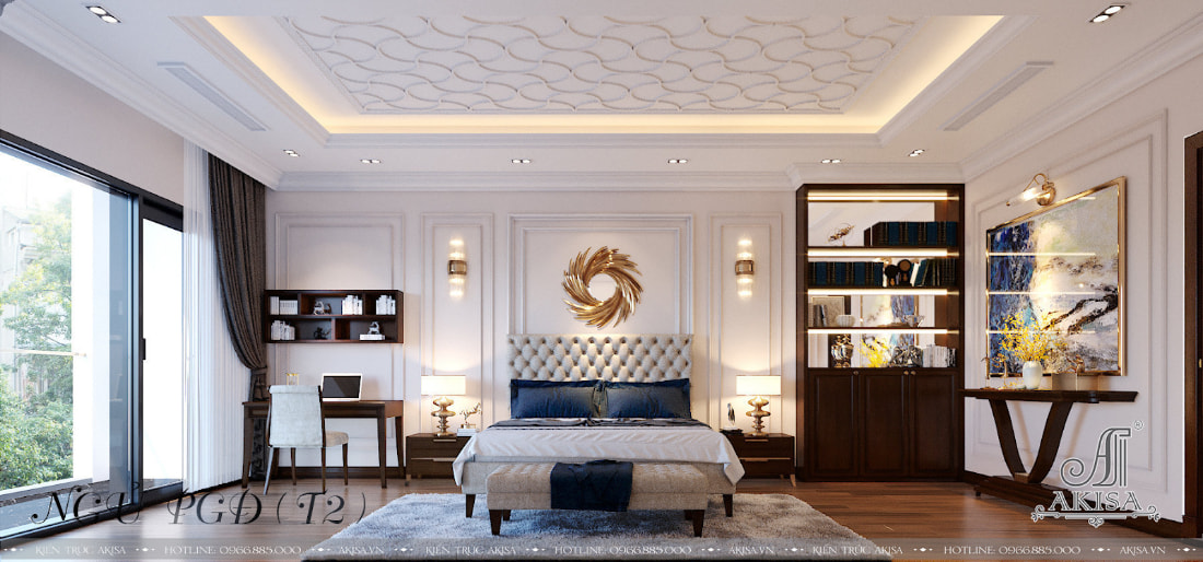 Giường ngủ với 2 gam màu trắng- xanh lam đối lập tạo điểm nhấn nổi bật cho nội thất phòng ngủ phong cách Art deco. 