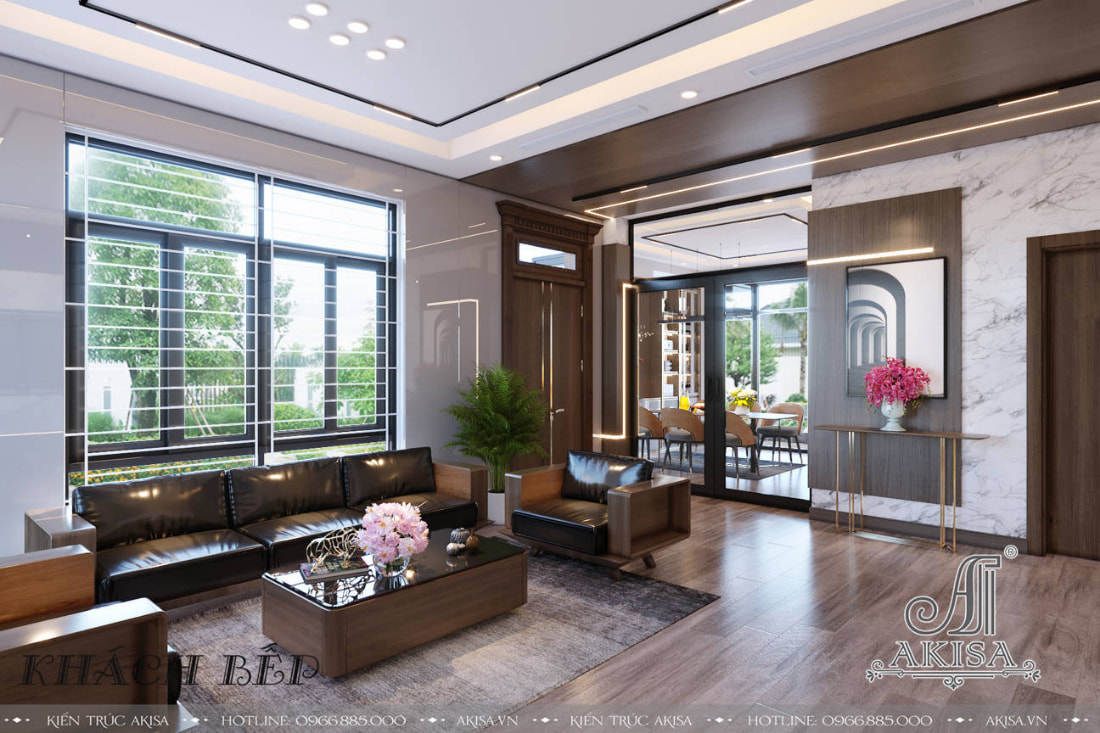 Phòng khách phong cách châu âu hiện đại được thiết kế đơn giản sang trọng với không gian thoáng đãng, ngập tràn ánh sáng tự nhiên. 