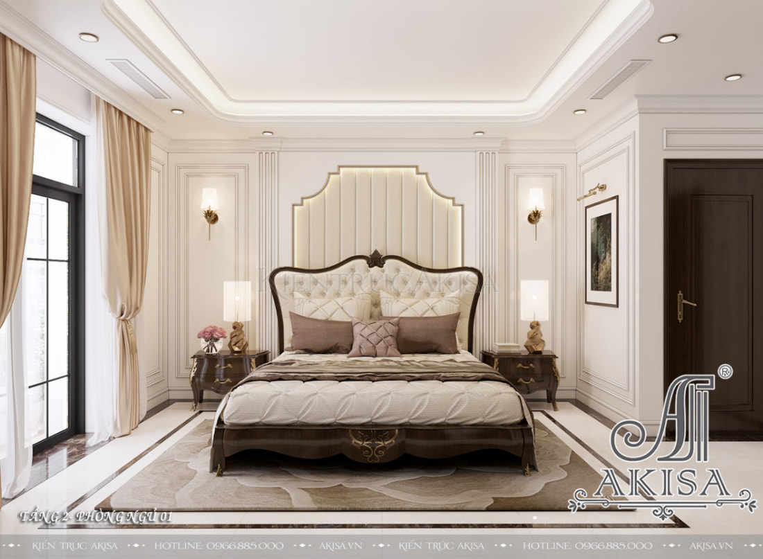 Phòng ngủ phong cách tân cổ điển châu Âu với đường nét nhẹ nhàng, tinh tế và màu sắc trang nhã tạo nên không gian nghỉ ngơi thư giãn tuyệt vời. 