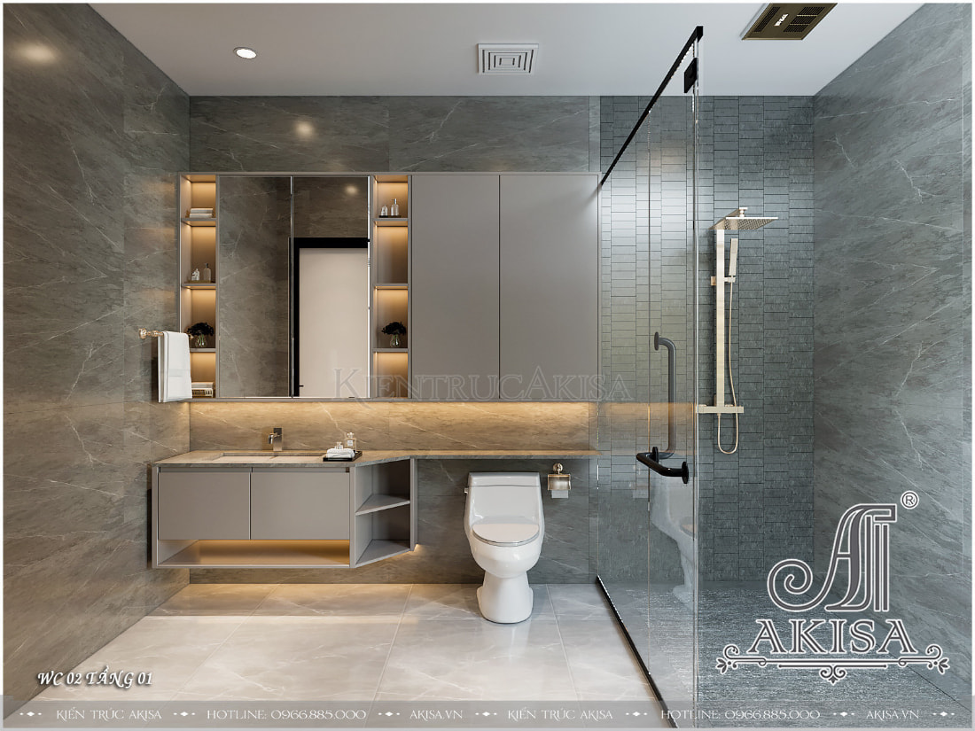 Phòng tắm châu âu với tone màu xám chủ đạo cùng nội thất hiện đại, tiện nghi