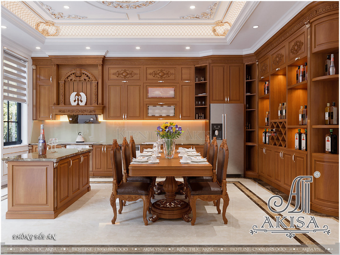 Toàn bộ đồ nội thất phòng bếp được làm từ vật liệu gỗ tự nhiên cao cấp, khắc hoa văn tinh xảo mang đến sự sang trọng, tinh tế. 