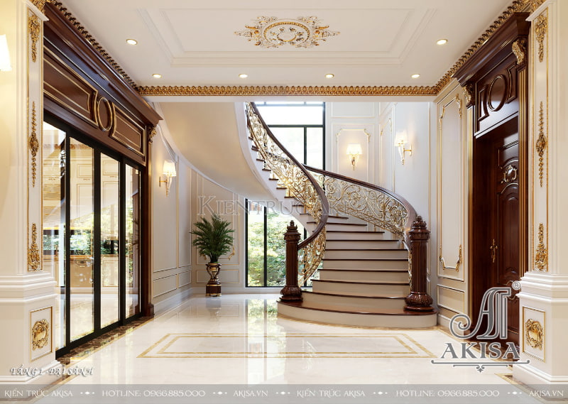 Cầu thang xoắn mang đến vẻ đẹp mềm mại, thanh thoát cho không gian nội thất biệt thự tân cổ điển Pháp 