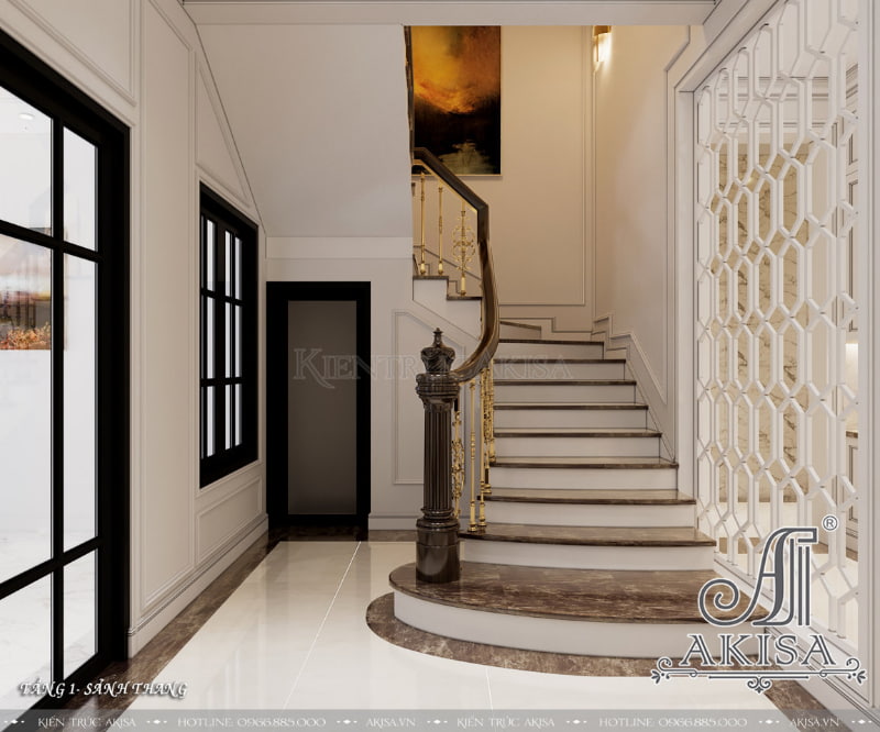 Thiết kế cầu thang bộ đơn giản, tiện nghi của biệt thự Pháp hiện đại 