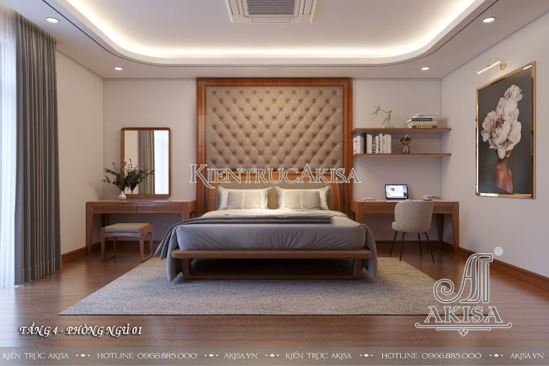 Không gian phòng ngủ hiện đại với nội thất từ gỗ hương cao cấp mang đến không gian sang trọng, ấm áp