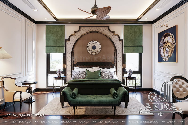 Phòng ngủ Indochine với màu sắc bắt mắt cùng chất liệu mộc mạc mang đến cảm giác thân thuộc, gần gũi