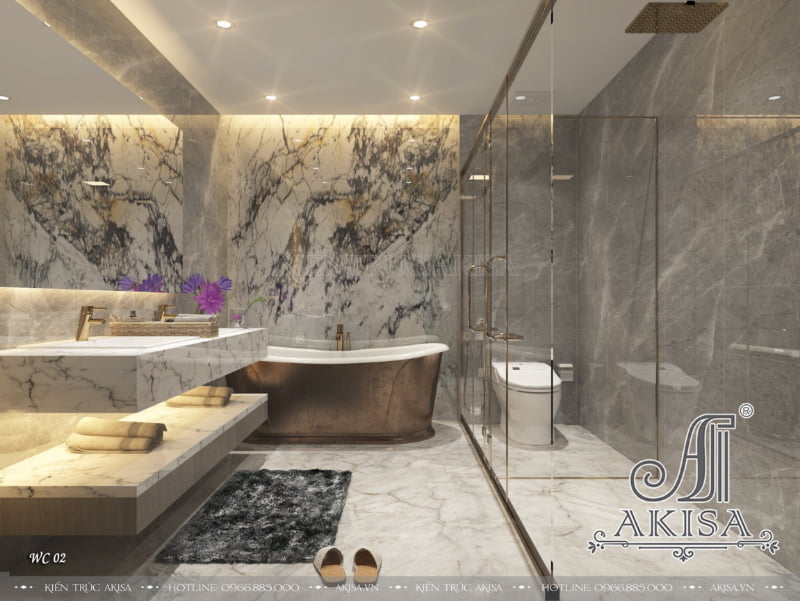Phòng tắm thiết kế sang trọng, đẳng cấp với những đồ dùng nội thất đa năng mang tính thẩm mỹ cao, mang đến không gian thư giãn, đầy tiện nghi.