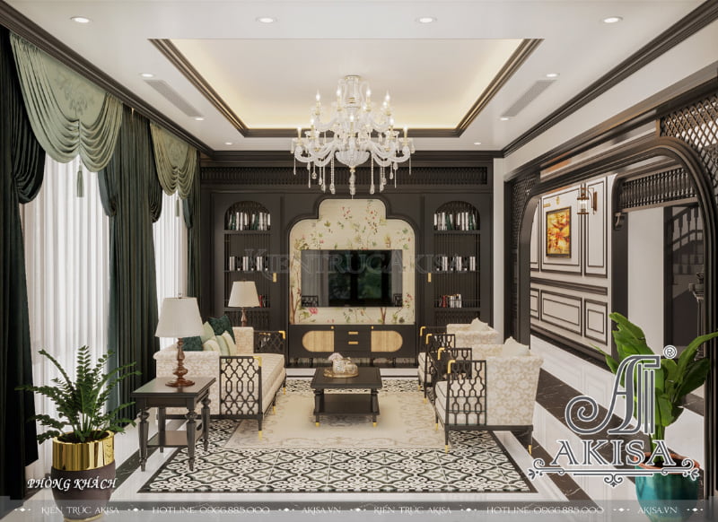 Thiết kế nội thất phòng khách Indochine kết hợp hài hòa giữa nét đẹp Á Đông và phương Tây