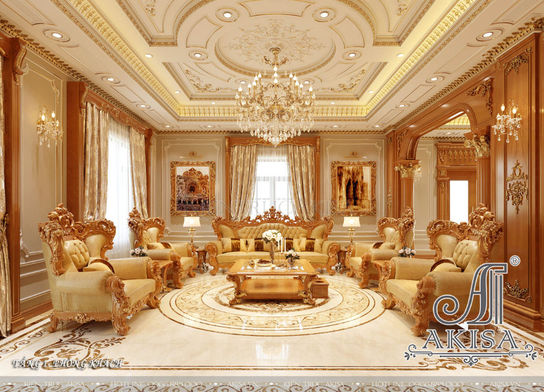 Mẫu nội thất tân cổ điển phòng khách tone nâu vàng đẳng cấp hoàng gia