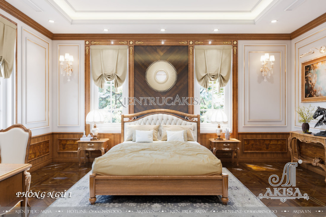 Phòng ngủ tân cổ điển được thiết kế tinh tế và hài hòa qua từng đường nét hoa văn và màu sắc. 