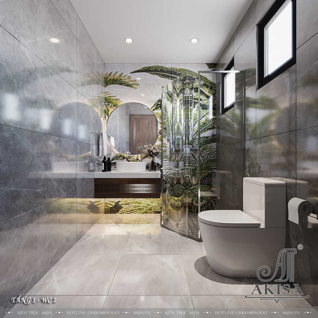 Phòng tắm hiện đại với tông màu xám sang trọng cùng vật liệu kính thời thượng. 