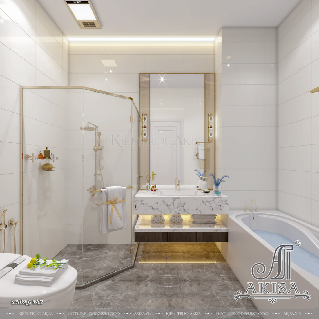 Phòng tắm phong cách hiện đại được trang bị đầy đủ tiện nghi tạo không gian thư giãn sau một ngày dài mệt mỏi. 