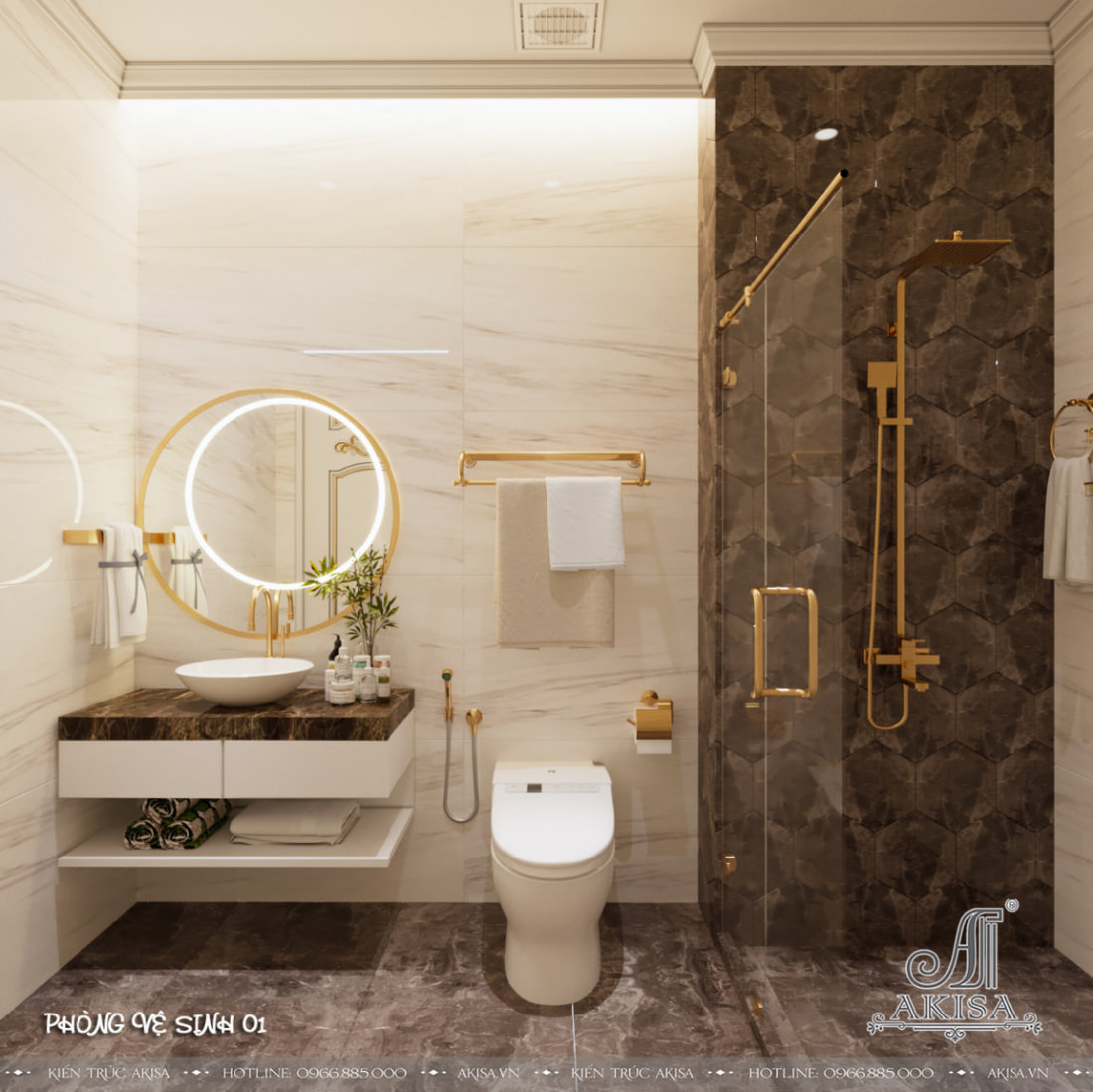 Phòng tắm tân cổ điển được bài trí khoa học, gọn gàng, sử dụng các đồ nội thất hiện đại nhưng vẫn đảm bảo được vẻ đẹp quý phái.