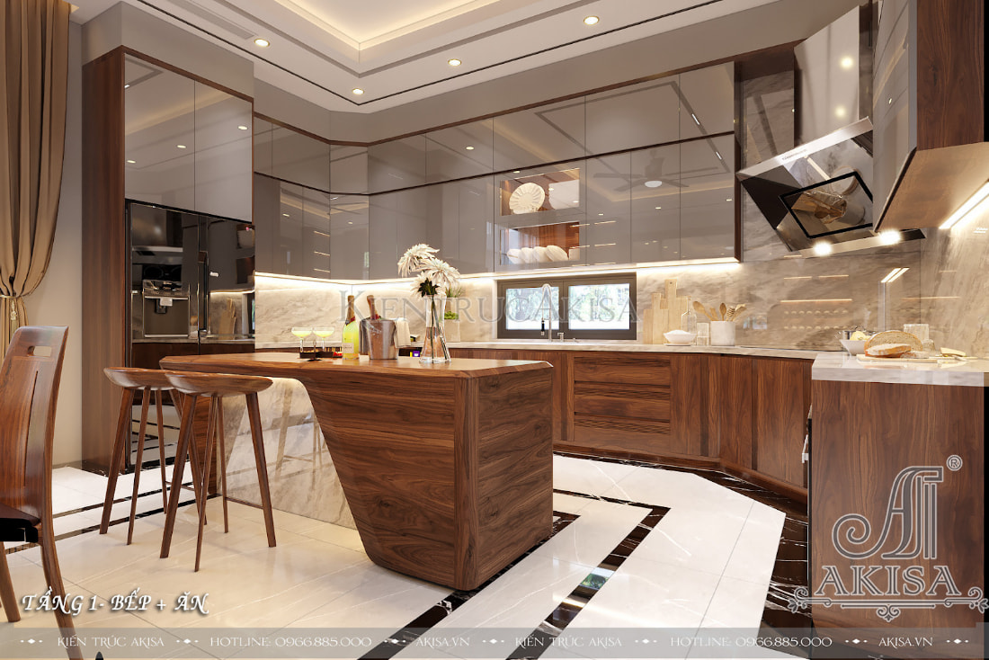 Tủ bếp được thiết kế sát trần để tận dụng tối đa không gian lưu trữ theo chiều dọc