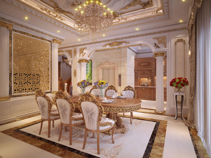 Phòng ăn rộng cùng nội thất sang trọng thiết kế theo phong cách Baroque
