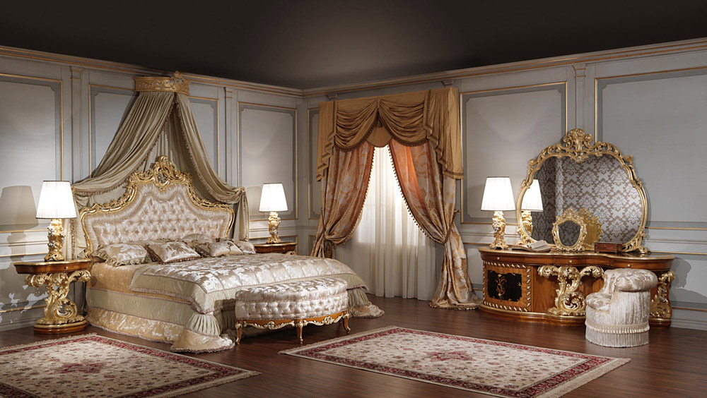 Nội thất phòng ngủ dệt vải gấm thêu hoa văn tinh tế theo phong cách Baroque