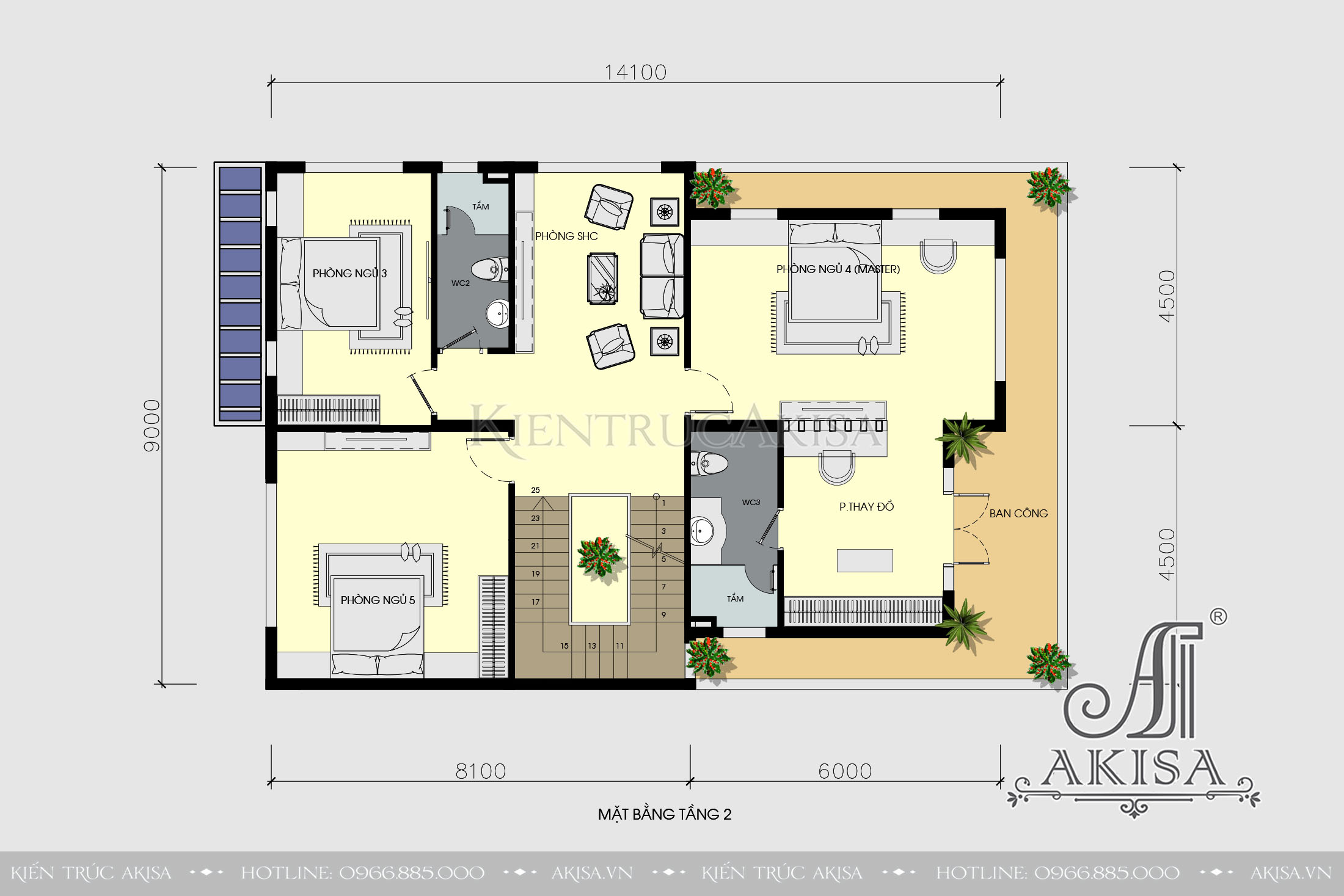 Bản vẽ biệt thự 3 tầng mái bằng khu vực tầng 2 gồm 3 phòng ngủ và 1 phòng sinh hoạt chung